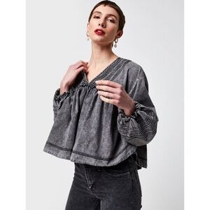 Free People Charlotte Gray Acid Denim Blouse Puff Sleeves XS Boho